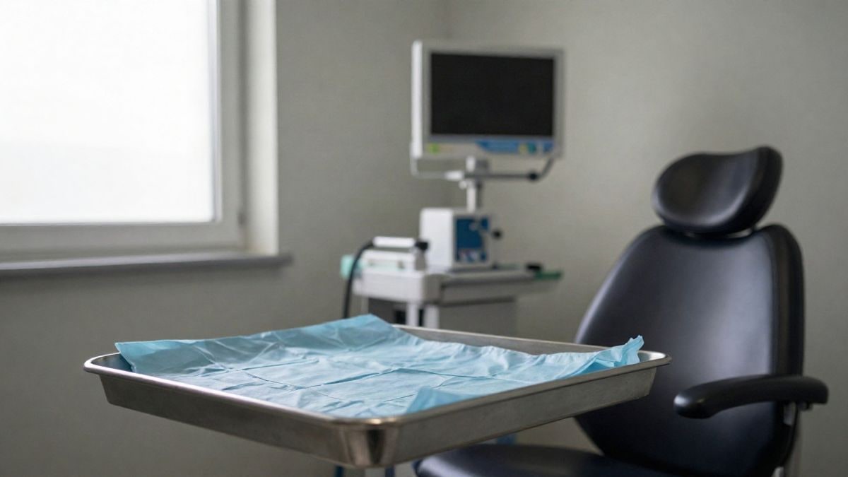Illustrative image: ophthalmology examination room lit by a side window, with a clinical chair and instrument trays