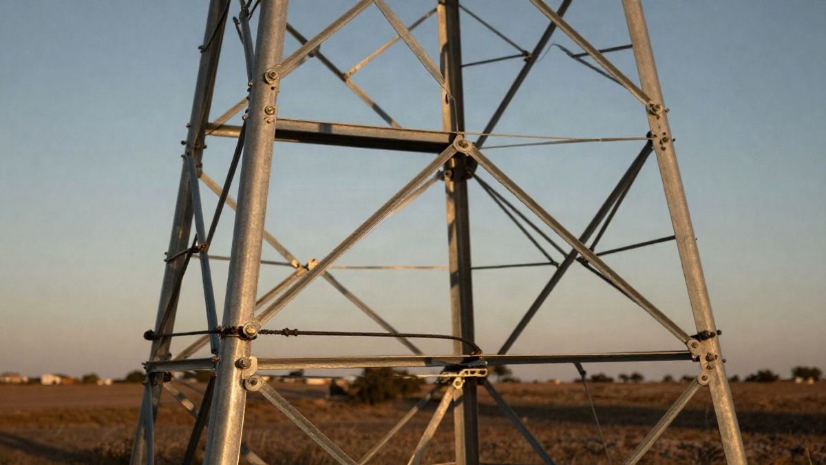 Illustrative image: detail of a metal structure of an electric transmission tower at sunset, with a blurred rural landscape in the background