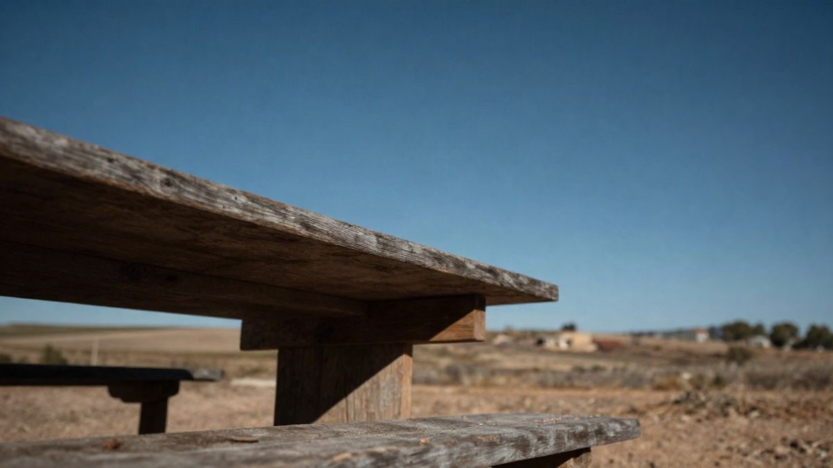 Imagen ilustrativa: borde de un banco de trabajo de madera bajo un cielo despejado, con llanura seca desenfocada al fondo