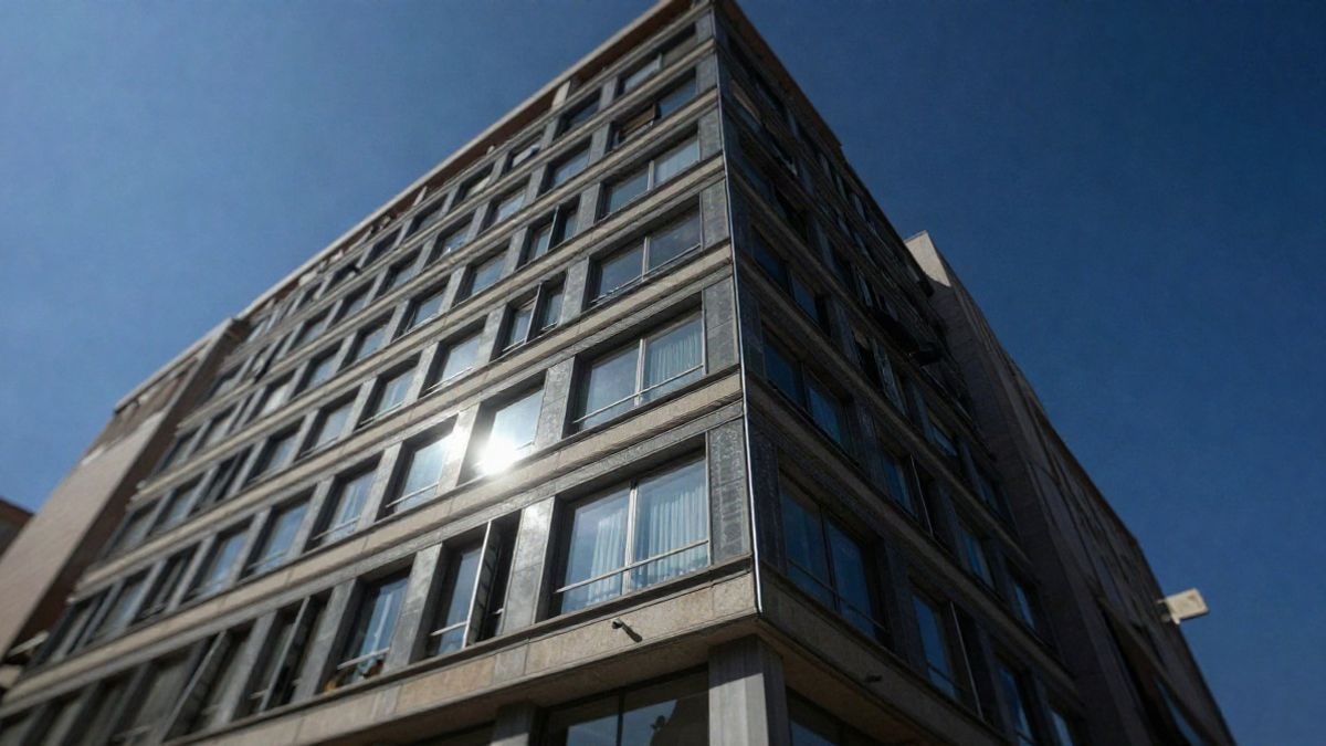 Imagen ilustrativa: ángulo bajo de una fachada de oficinas moderna con cielo azul de fondo