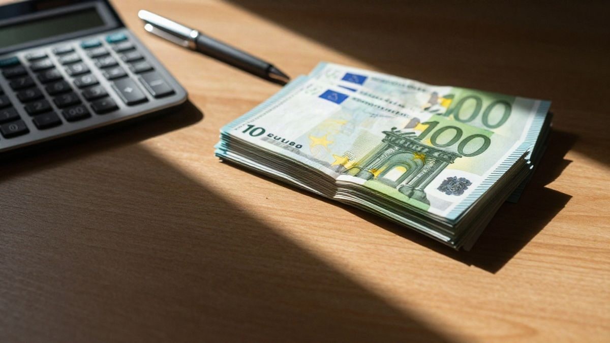 Imagen ilustrativa: mesa de madera vista desde arriba con una calculadora, un bolígrafo y billetes de euro.