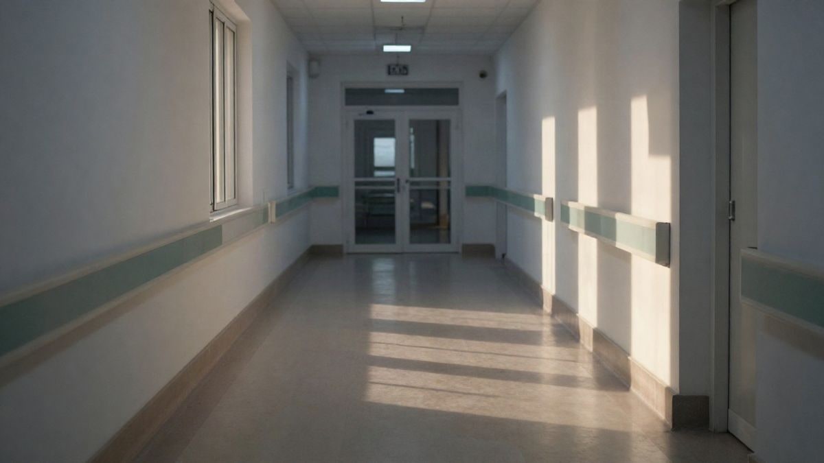 Imagen ilustrativa: pasillo vacío de un hospital al atardecer, con sombras largas sobre el suelo