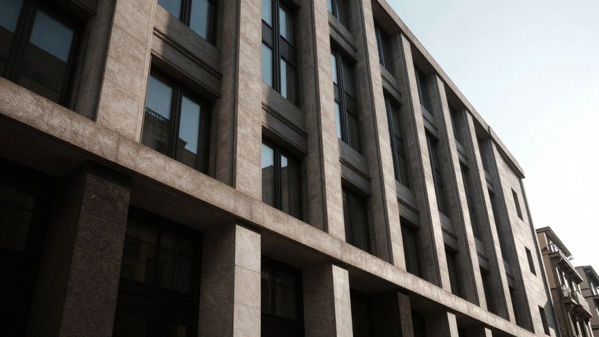 Imagen ilustrativa: fachada genérica de un edificio bancario moderno visto desde abajo contra el cielo