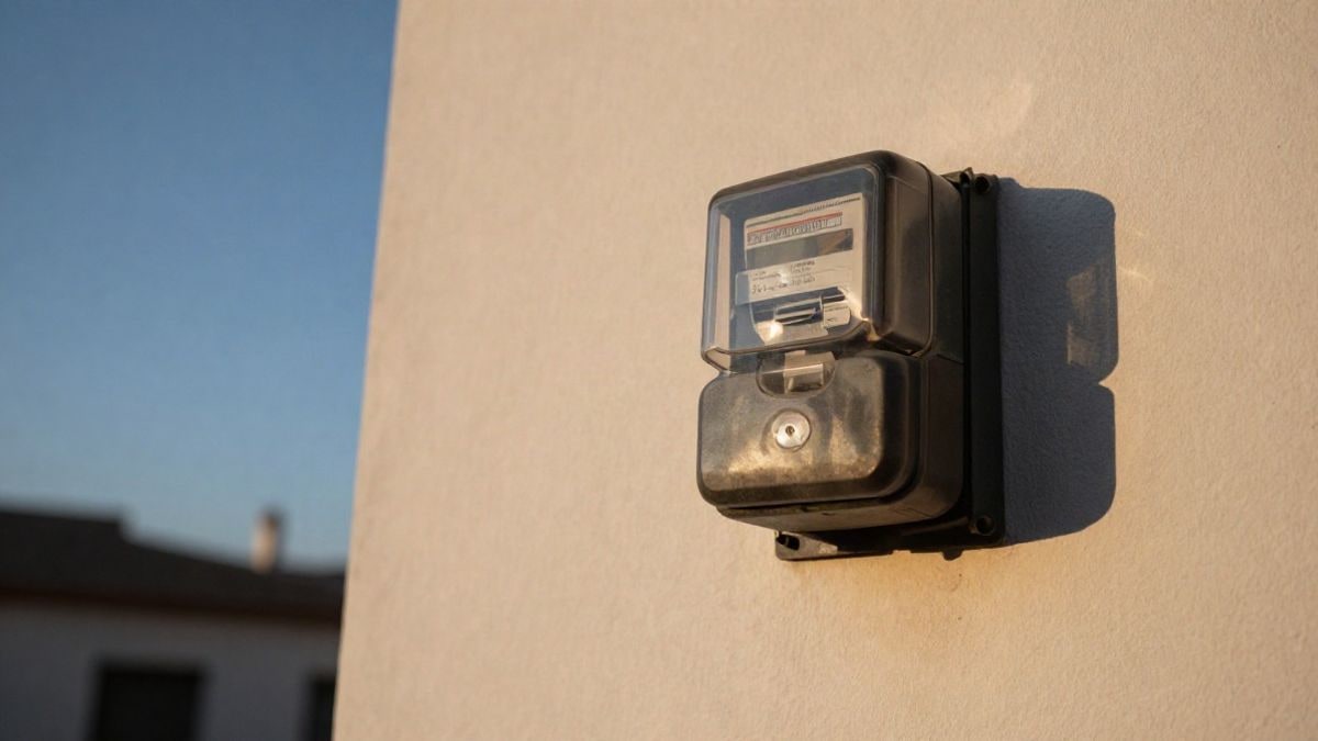 Illustrative image: gas and electricity meters on an exterior wall, photographed from below with the sky in the background