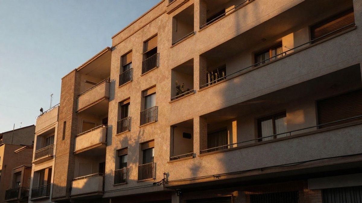 Imagen ilustrativa: fachada de un edificio de viviendas moderno al atardecer con sombras largas
