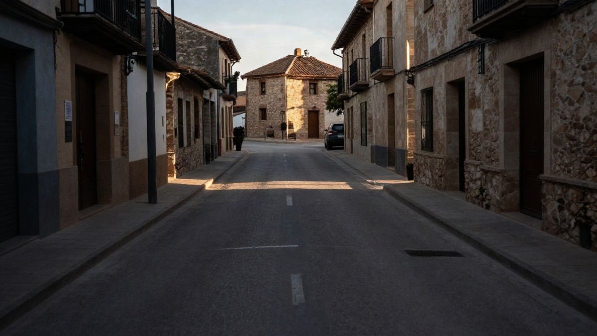 Illustrative image: empty street of a Spanish rural village at sunset, with low buildings and long shadows