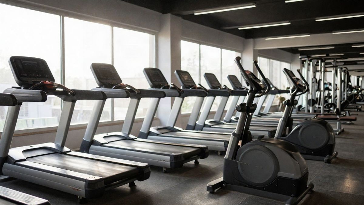 Illustrative image: interior of an empty gym with treadmills lit by side window light
