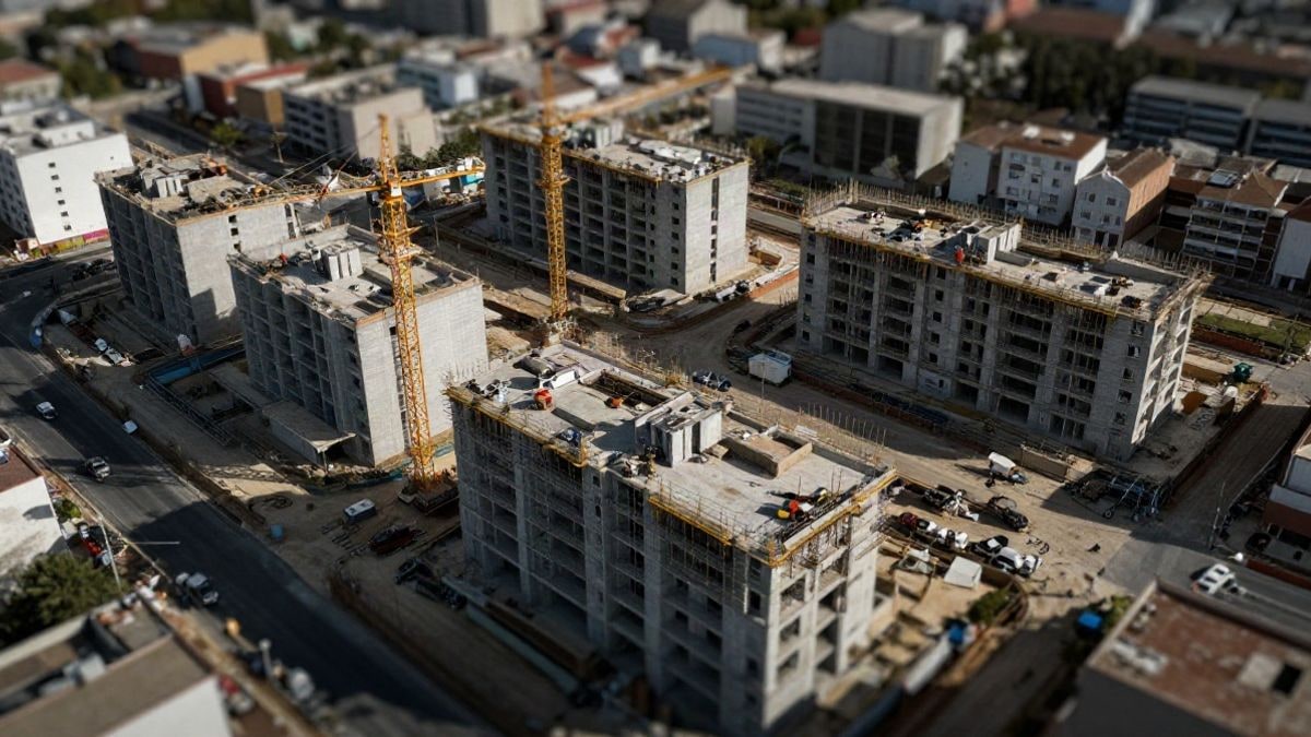 Imagen ilustrativa: vista cenital de una obra con edificios residenciales en construcción y grúas