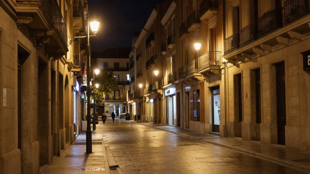 Imagen ilustrativa: una calle de un distrito financiero europeo iluminada por farolas y neón tenue durante la noche
