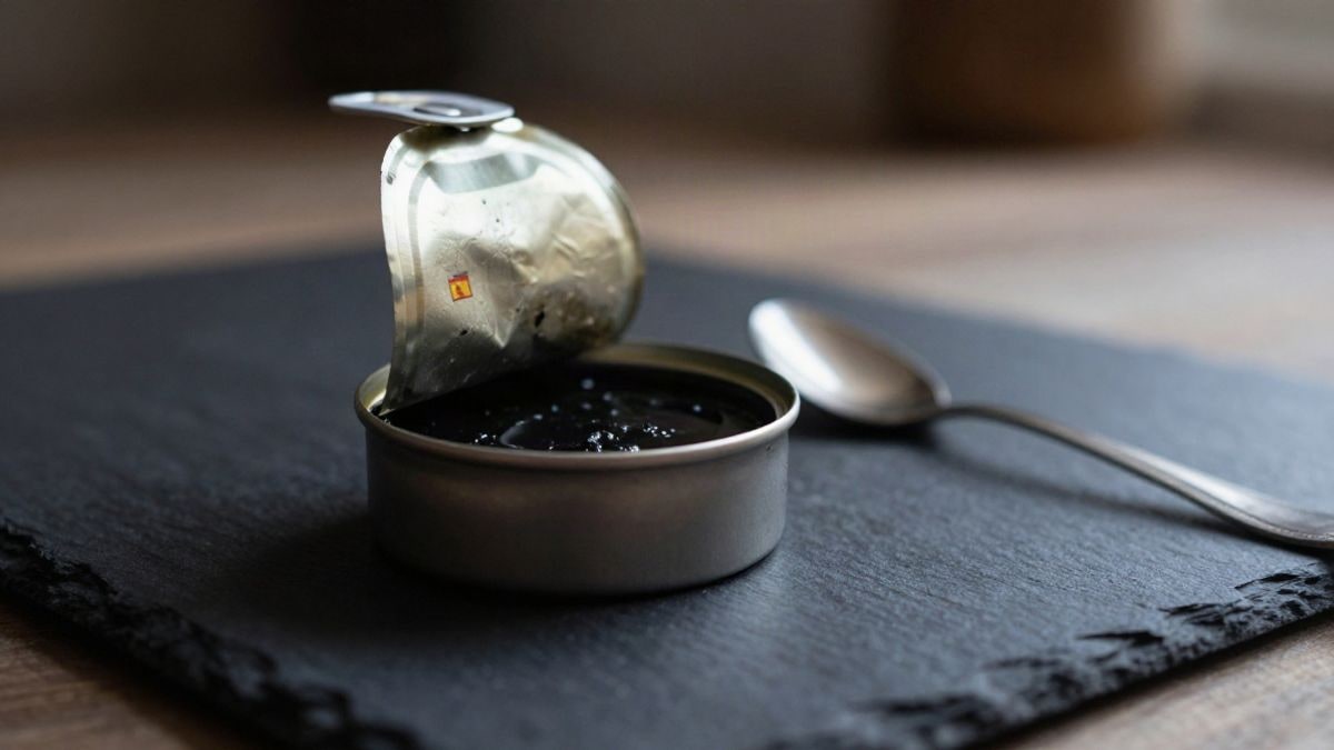 Imagen ilustrativa: lata de caviar abierta sobre superficie oscura con cuchara de plata