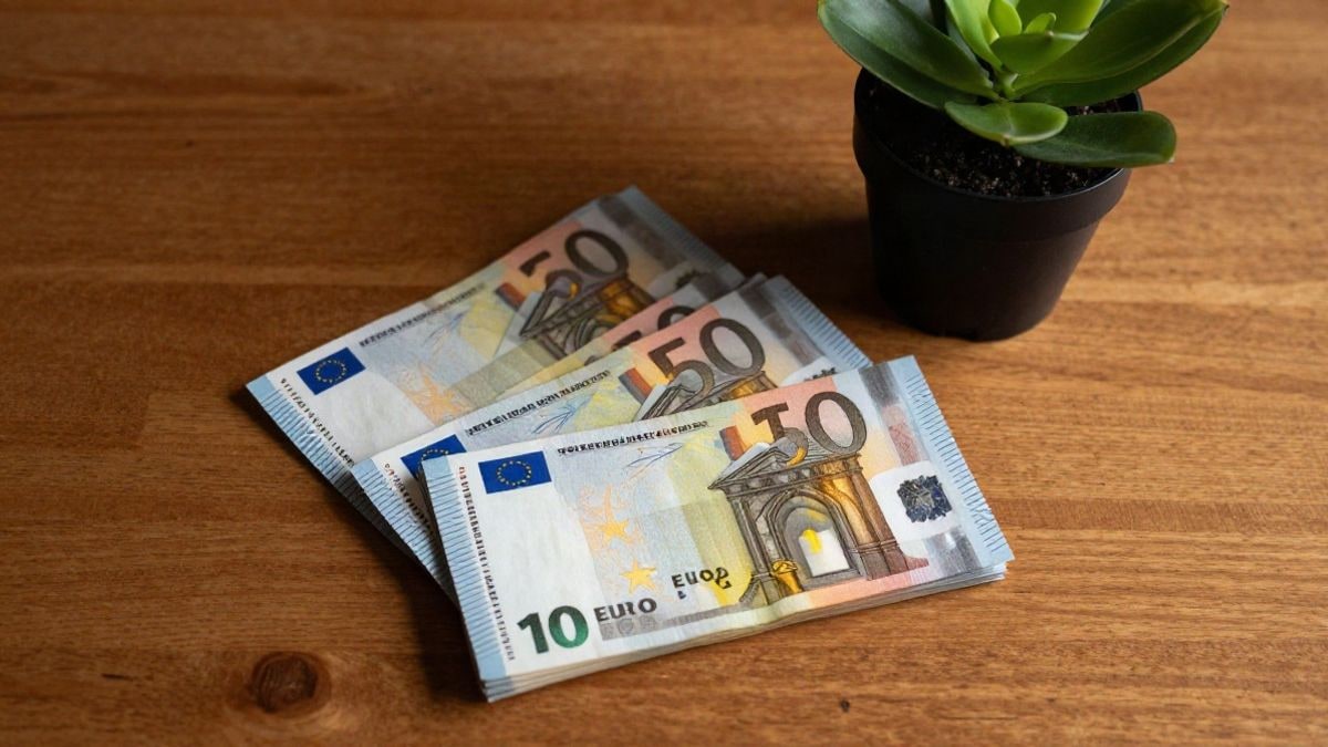 Imagen ilustrativa: billetes de euro apilados sobre una mesa de madera vista desde arriba