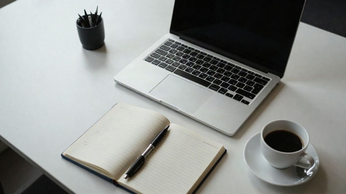Imagen ilustrativa: vista cenital de un escritorio de oficina moderno con ordenador portátil, cuaderno y taza de café