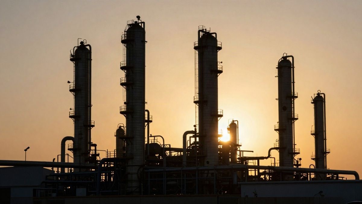 Imagen ilustrativa: silueta de una refinería de petróleo al atardecer con largas sombras