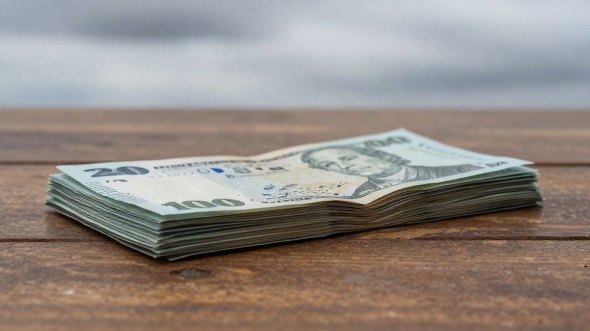 Illustrative image: a bundle of paper banknotes on a wooden table, taken from a low angle with the sky in the background