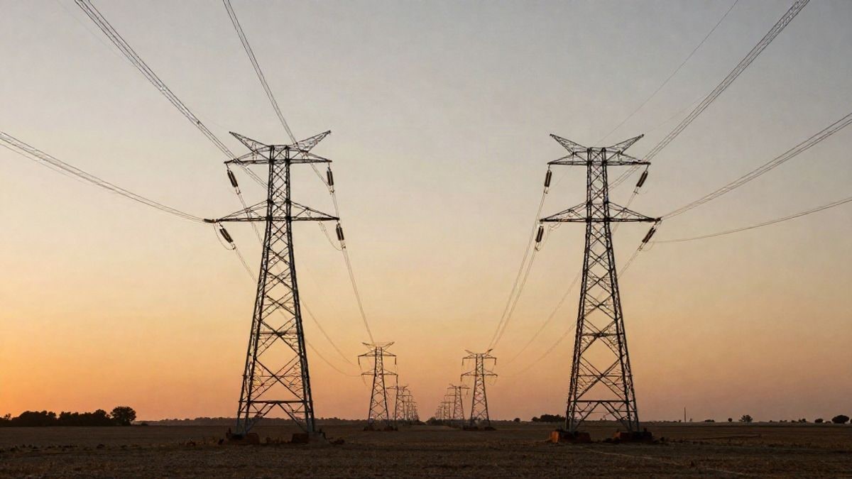 Imagen ilustrativa: torres de alta tensión y líneas eléctricas en un paisaje rural al atardecer