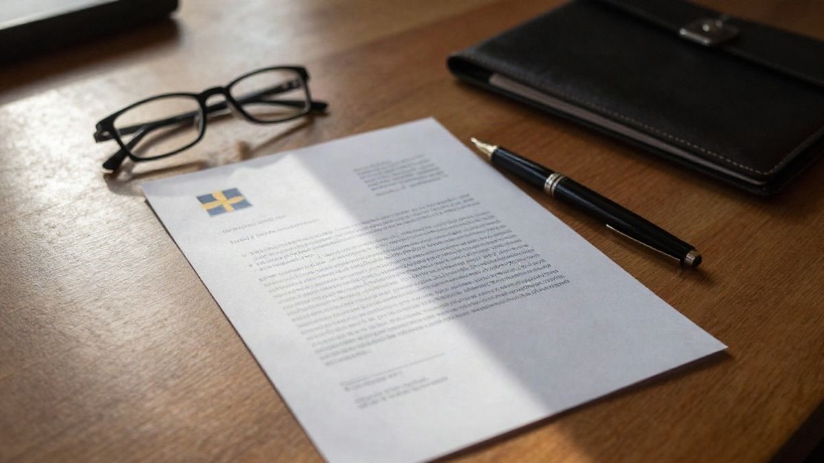 Illustrative image: overhead view of a wooden desk with a folded letter, a fountain pen, and reading glasses
