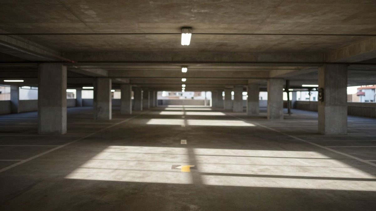 Illustrative image: an empty underground parking lot with converging lines and a marked space for reduced mobility