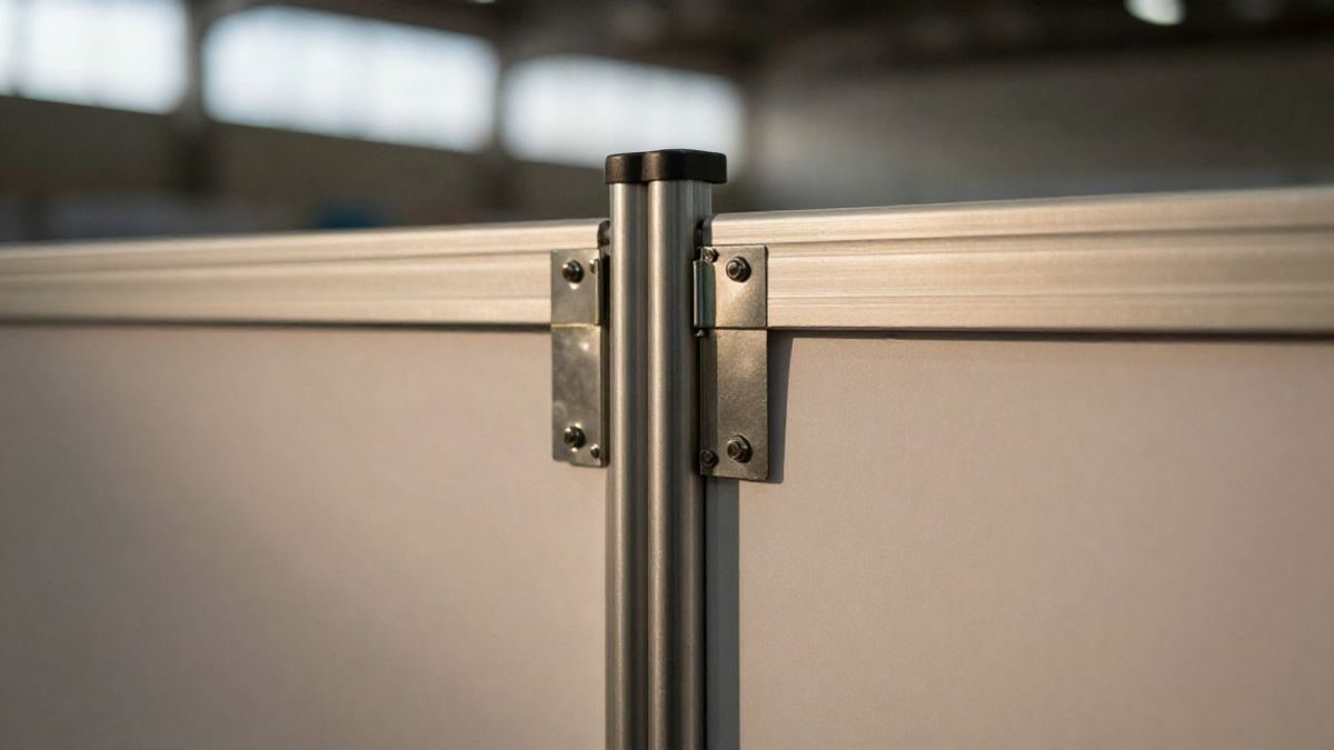 Imagen ilustrativa: primer plano de un panel modular metálico de stand de feria con una bisagra de aluminio, iluminado por luz natural