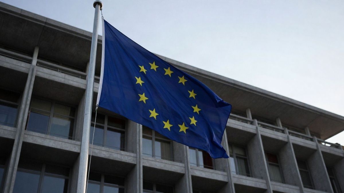 Imagen ilustrativa: ángulo bajo de la fachada de un edificio institucional con una bandera europea y cielo de fondo