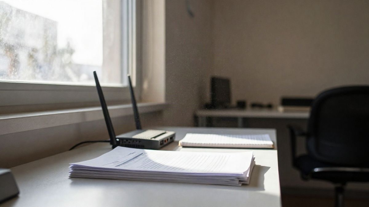 Imagen ilustrativa: interior de oficina con luz de ventana lateral sobre una mesa con documentos y un router de fibra