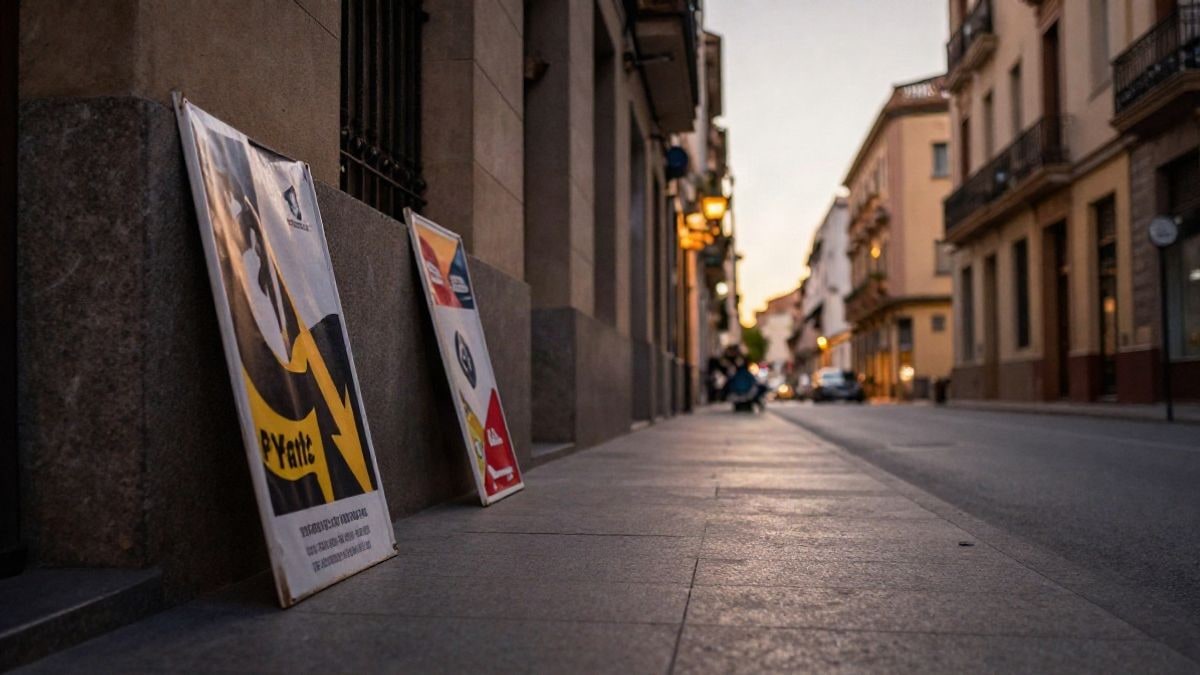 Imagen ilustrativa: calle vacía al atardecer con pancartas apoyadas en una pared