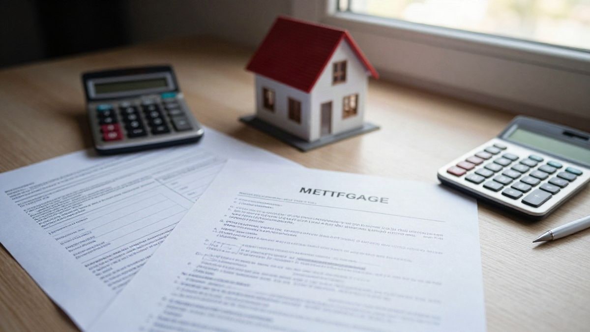 Illustrative image: overhead view of mortgage documents and a calculator on a table