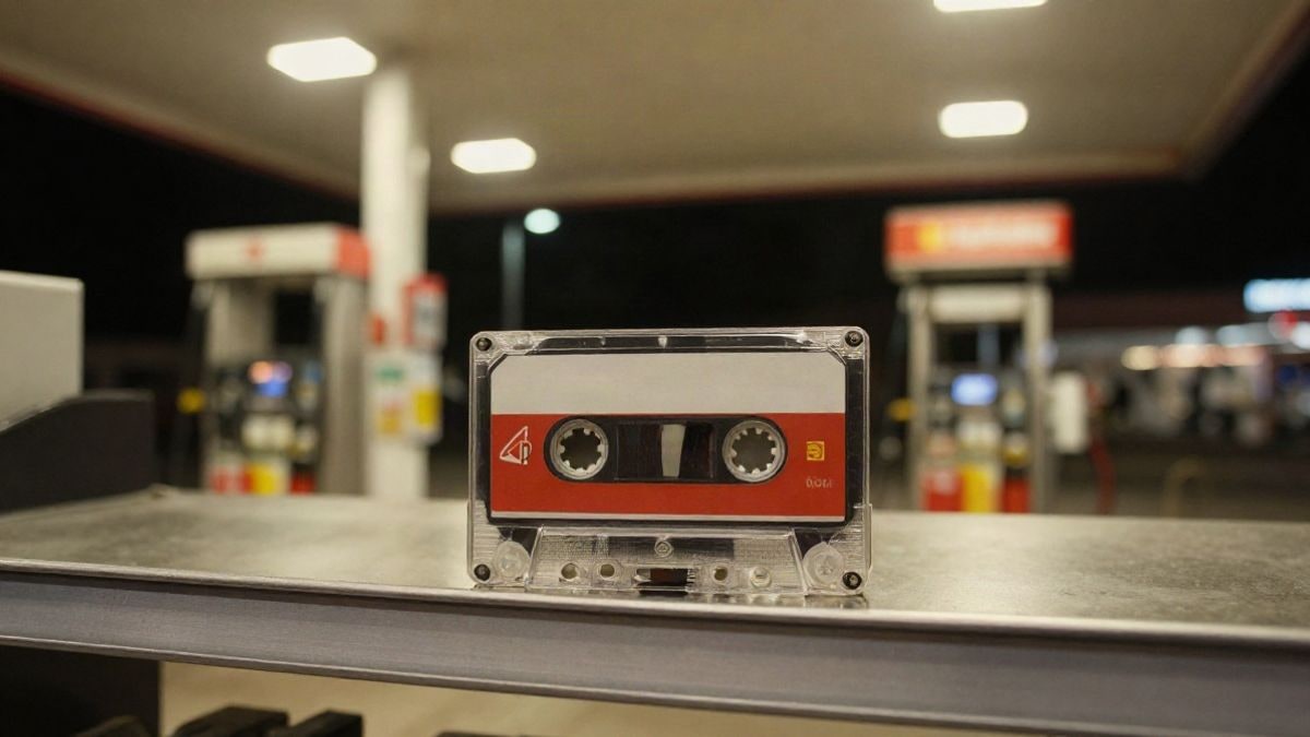 Illustrative image: cassette tape on a shelf in a brightly lit service station at night