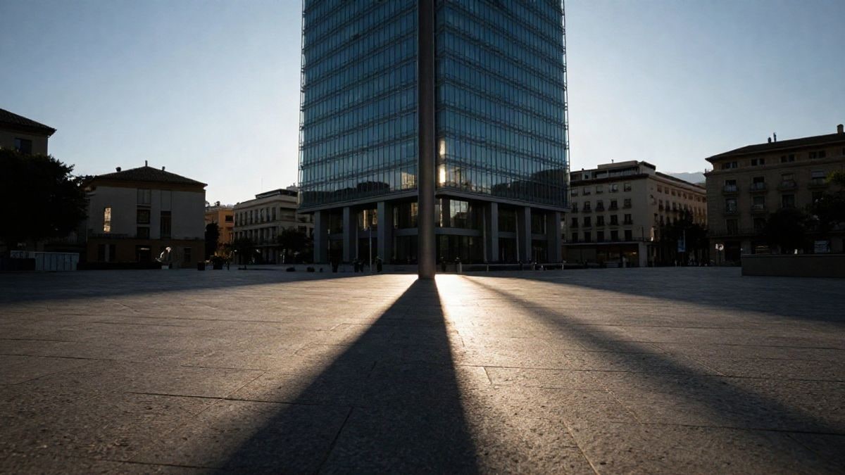 Imagen ilustrativa: sombras largas sobre una plaza de piedra junto a una torre de oficinas de cristal al atardecer