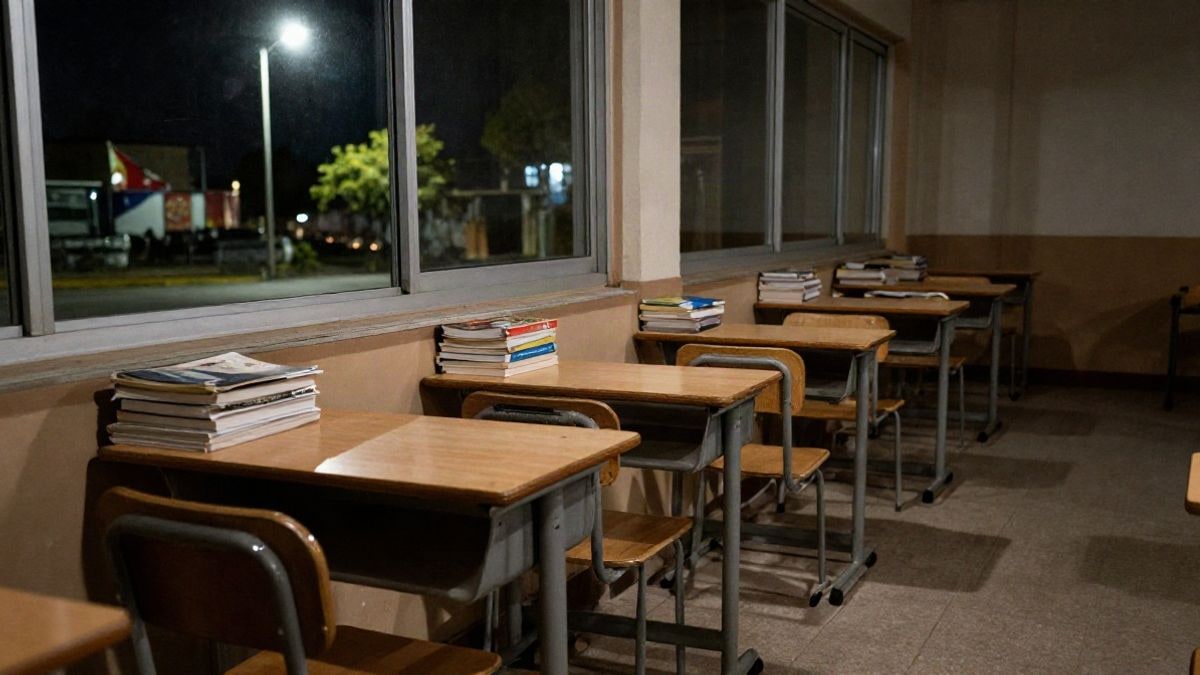Illustrative image: empty classroom at night with desks and books under artificial light