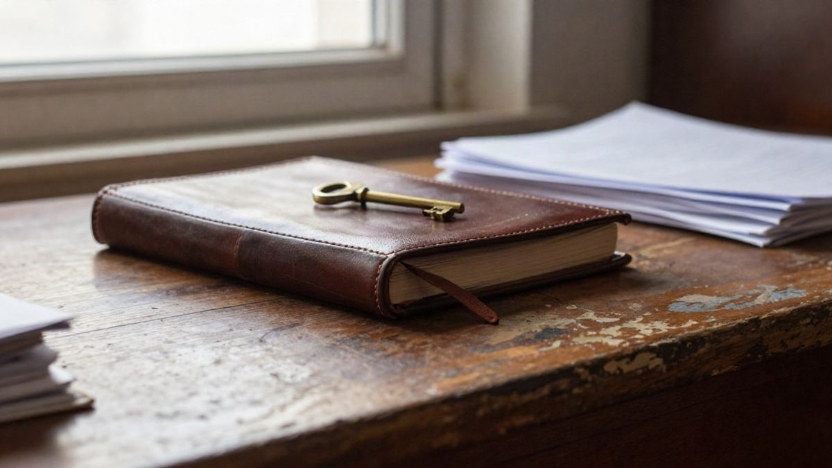 Imagen ilustrativa: detalle de una mesa de madera con un libro de contabilidad cerrado y una llave de latón