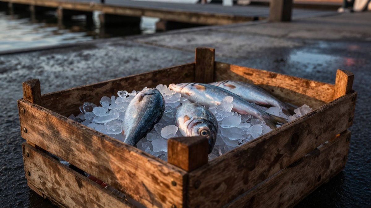 Imagen ilustrativa: detalle de una caja de madera con hielo y pescado fresco sobre un muelle al atardecer