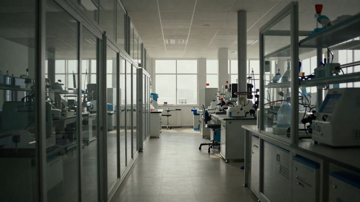 Imagen ilustrativa: laboratorio industrial moderno con líneas convergentes de cristal y equipos de energía limpia