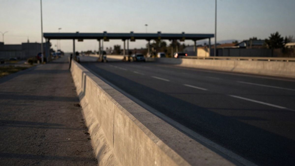 Illustrative image: empty road at sunset with a concrete barrier in the foreground and a blurred background
