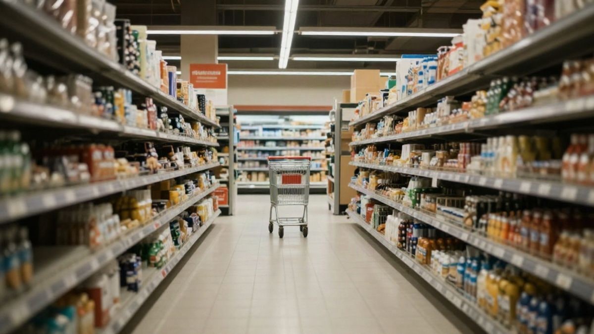 Imagen ilustrativa: un carrito de compra solitario en un pasillo de supermercado vacío, con estanterías desenfocadas al fondo