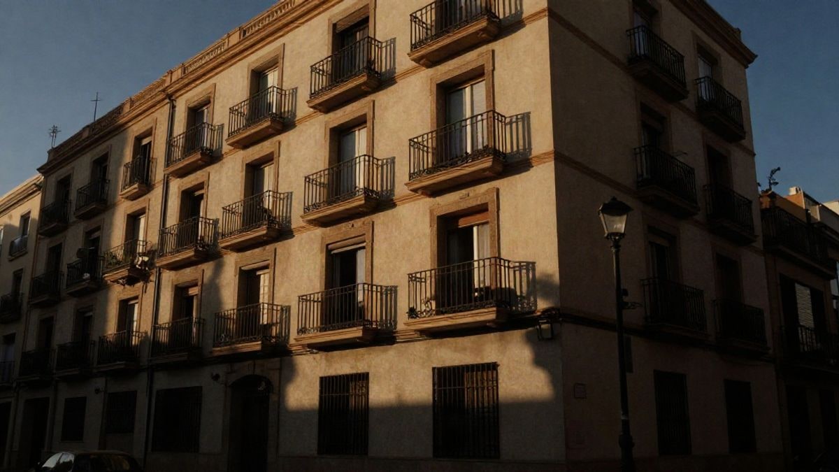 Imagen ilustrativa: fachada de un bloque de viviendas al atardecer, con sombras largas y contraluz