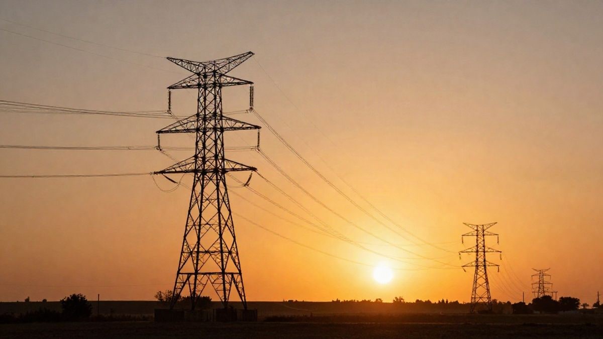 Imagen ilustrativa: torres de alta tensión en contraluz al atardecer con sombras largas sobre el campo
