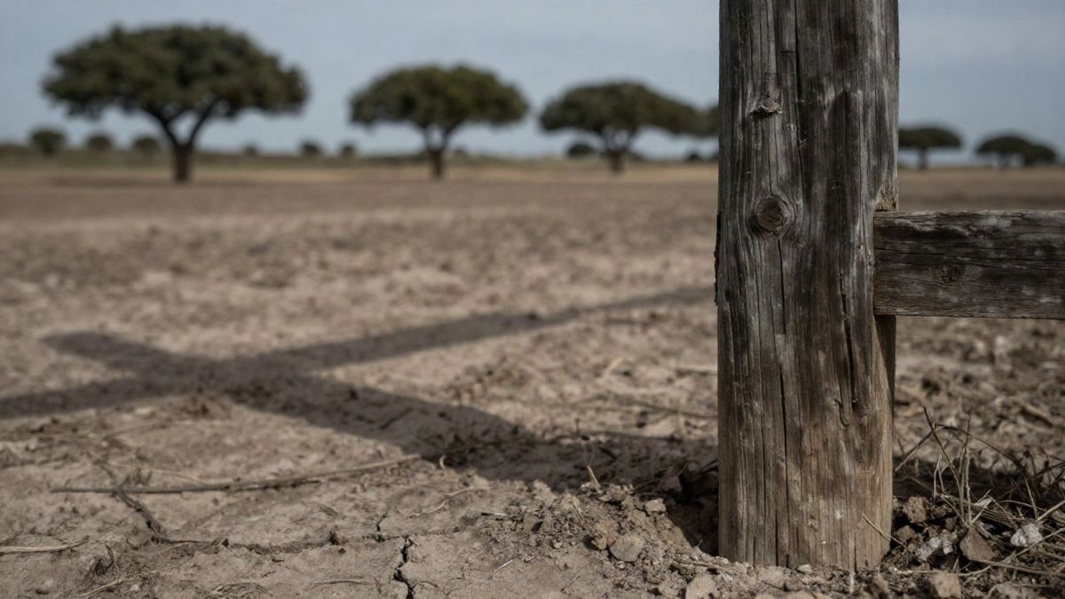 Imagen ilustrativa: poste de madera envejecido y tierra seca agrietada en un paisaje rural al atardecer