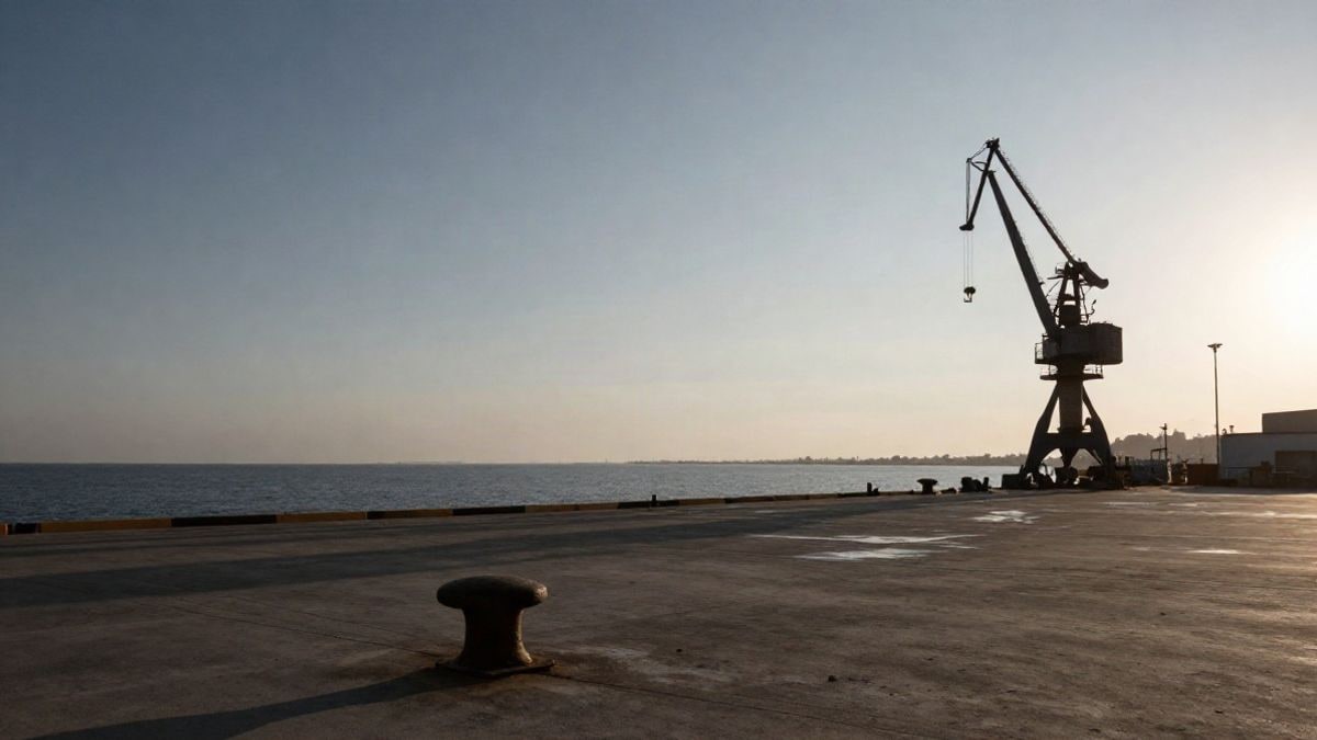Imagen ilustrativa: un muelle industrial vacío al atardecer, con una grúa pequeña recortada contra el cielo y amplio espacio libre