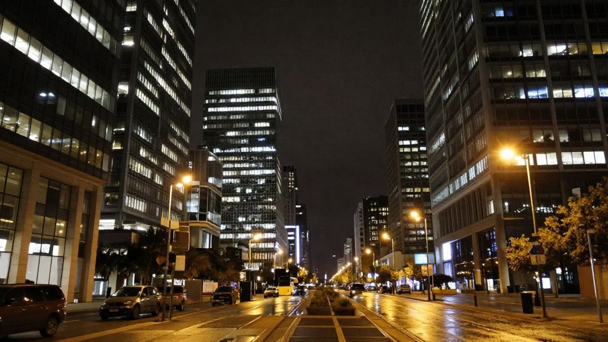 Illustrative image: night financial district with artificial lights on buildings and street lamps
