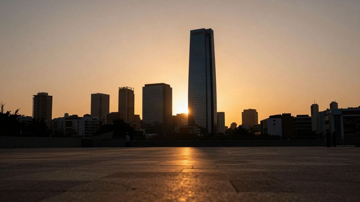 Imagen ilustrativa: silueta de un distrito financiero al atardecer con sombras largas sobre una plaza vacía