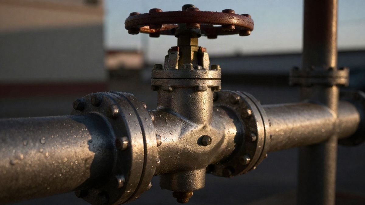 Imagen ilustrativa: primer plano de una válvula metálica de una instalación de gas, con luz de atardecer