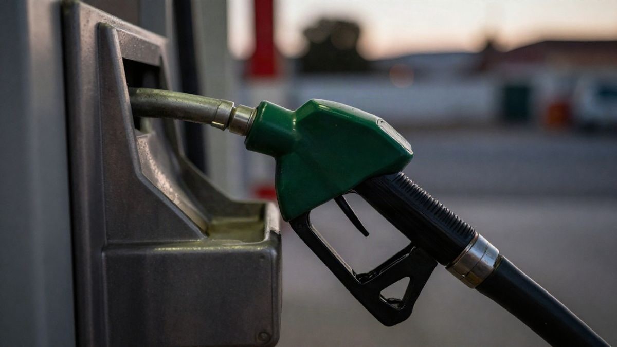 Illustrative image: close-up of a petrol pump at a service station at sunset