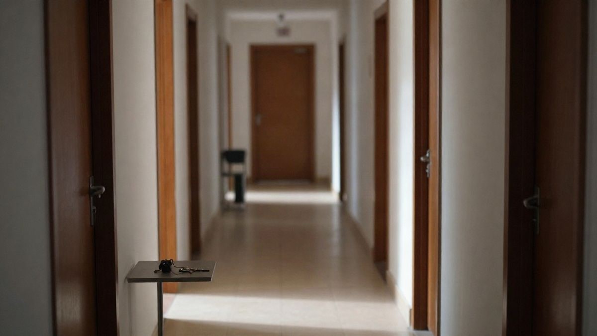 Imagen ilustrativa: pasillo de un edificio residencial con luz lateral y llaves sobre una mesa auxiliar
