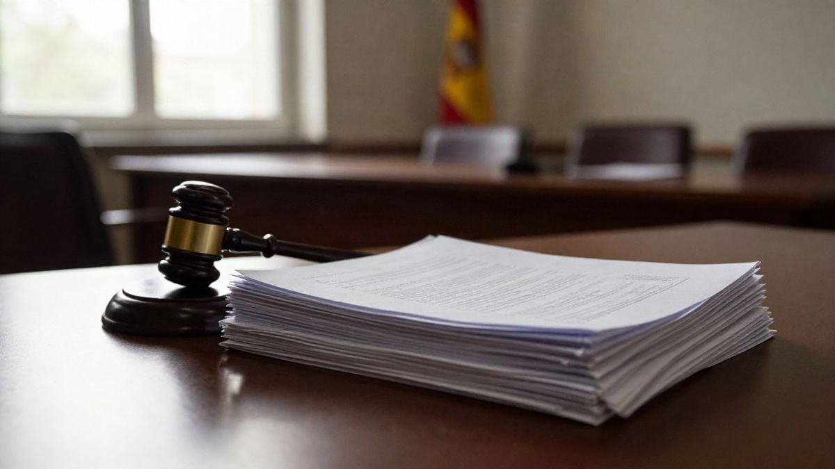 Illustrative image: stacked documents and a wooden gavel on a table in an institutional office with afternoon light