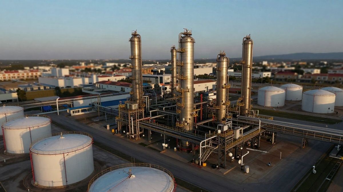 Illustrative image: aerial view of a generic industrial complex with tanks and pipes at sunset
