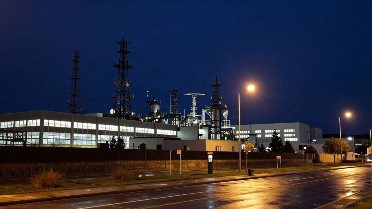 Illustrative image: illuminated technological facilities at night with antennas and reflections on the ground
