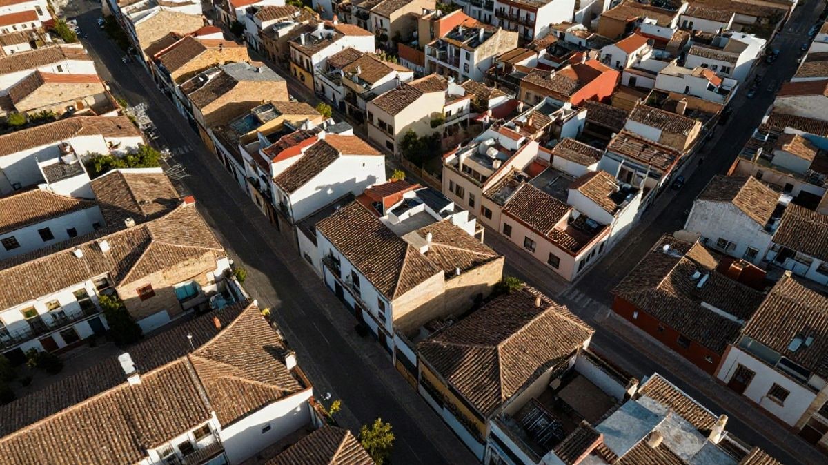 Illustrative image: aerial view of a residential area with rooftops and narrow streets
