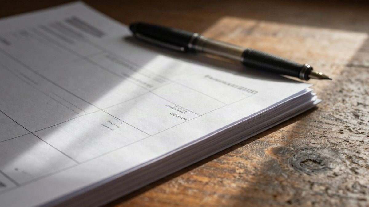 Illustrative image: stacked invoices and a fountain pen on an aged wooden table