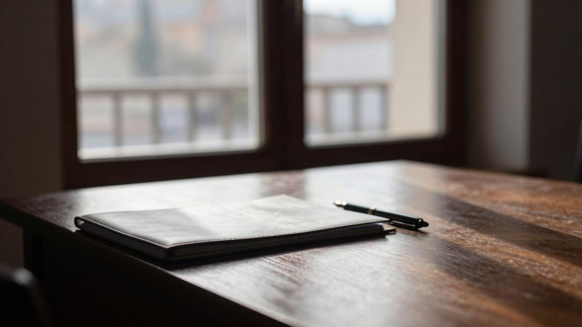 Illustrative image: empty wooden desk by a window with sunset light and a closed folder