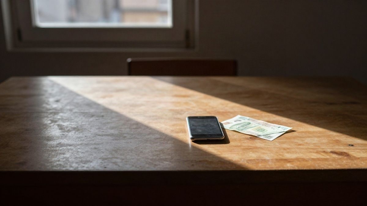 Imagen ilustrativa: un teléfono móvil y un recibo de papel sobre una mesa de madera iluminada por luz de atardecer